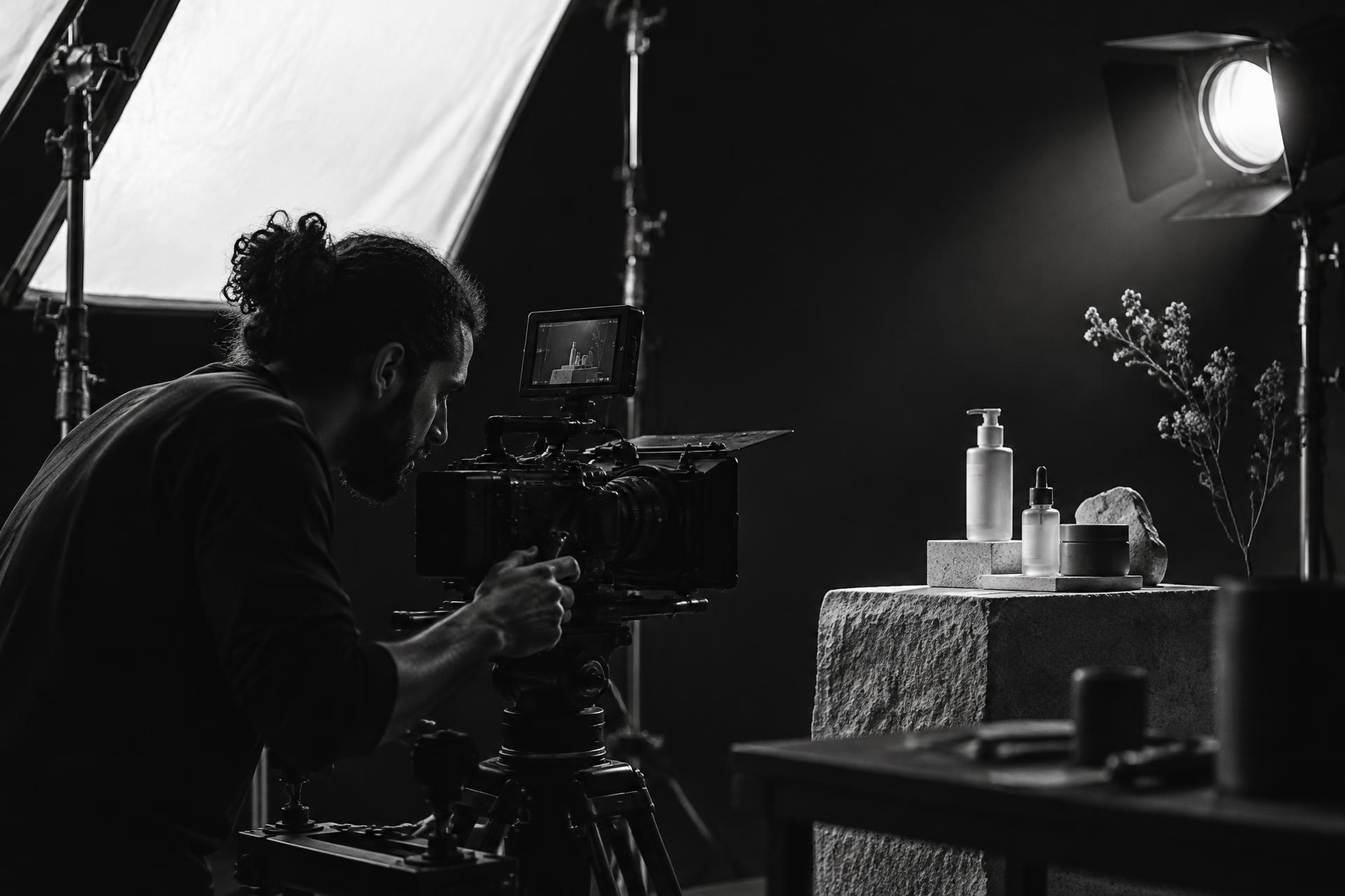 Photographer filming skincare products in a professional studio